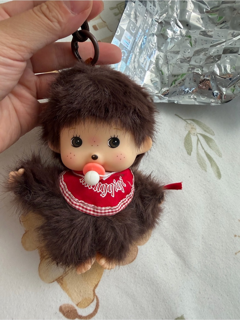 Monchhichi Style Brown Plush Keychain Doll with Red Bandana
